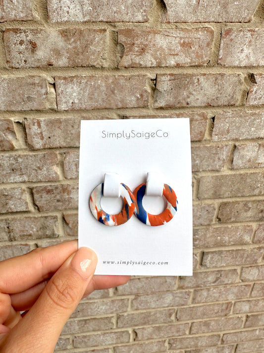 Handmade Marbled Stud Hoops- Orange, Blue, & White