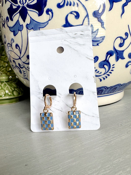 Checker Rectangle Drop Earrings- Blue