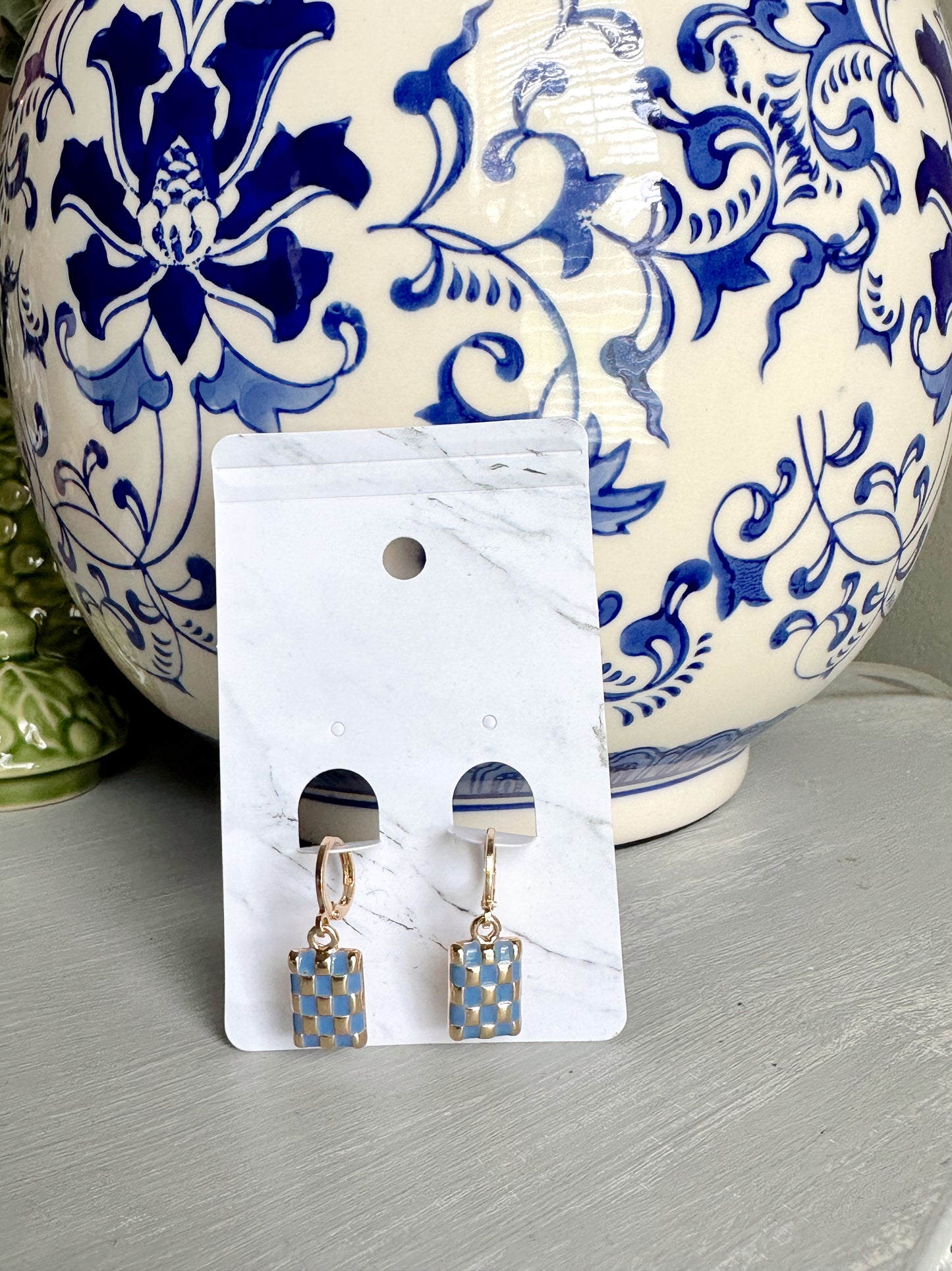 Checker Rectangle Drop Earrings- Blue
