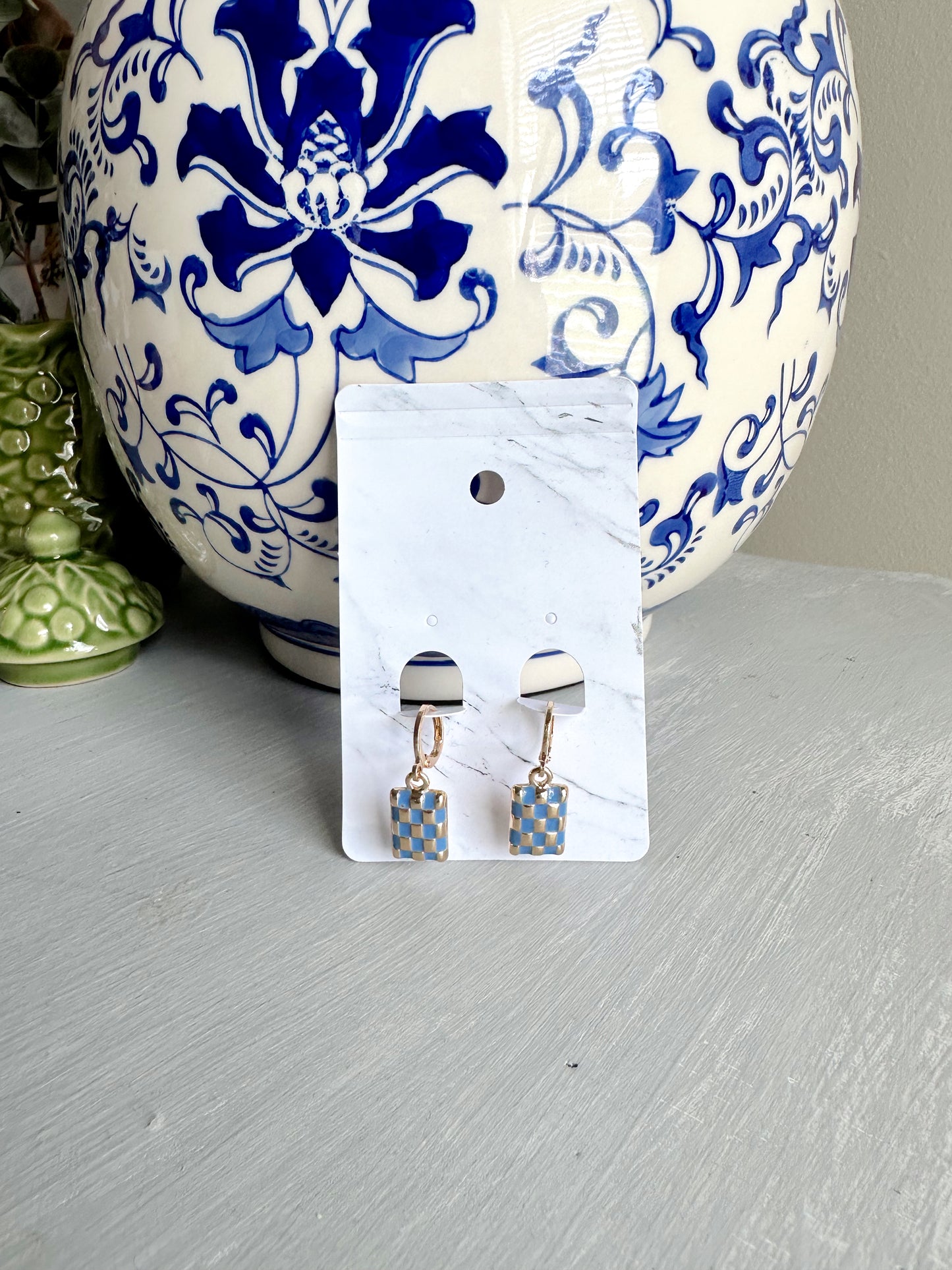 Checker Rectangle Drop Earrings- Blue