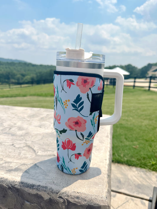 40 oz Tumbler Neoprene Sleeve- Light Blue Floral