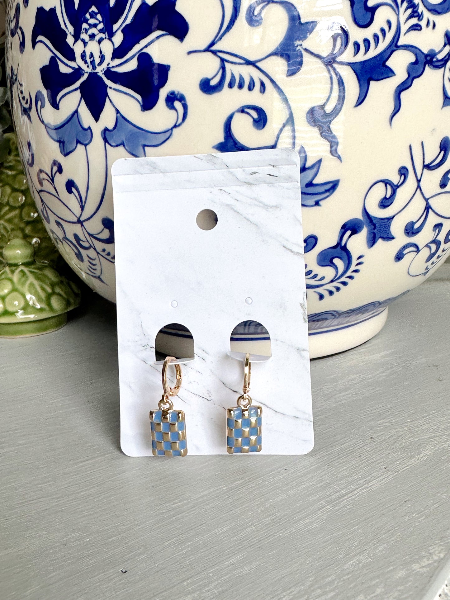 Checker Rectangle Drop Earrings- Blue