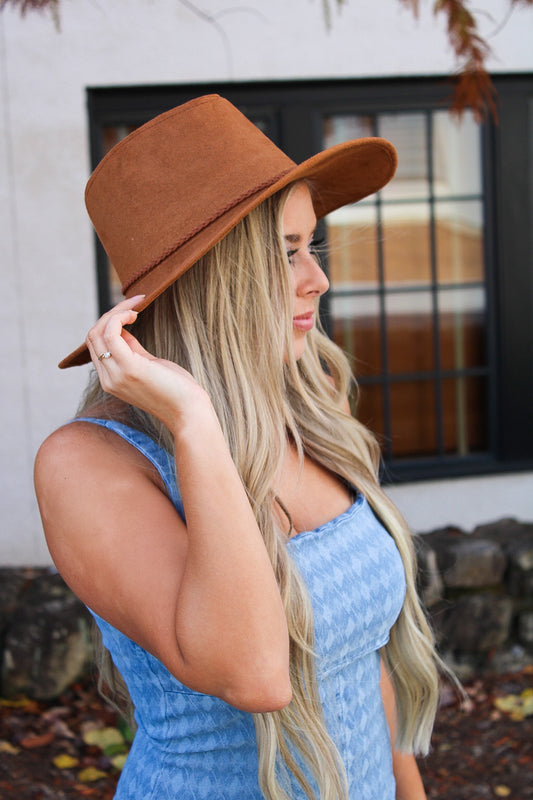 Faux Suede Wide Brim Panama Hat- Brown