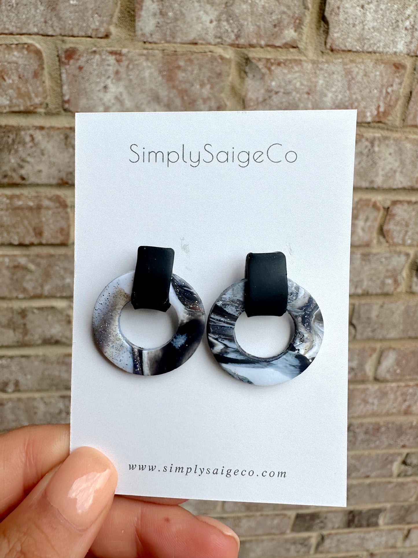 Handmade Marbled Stud Hoops- Black, White, & Gold