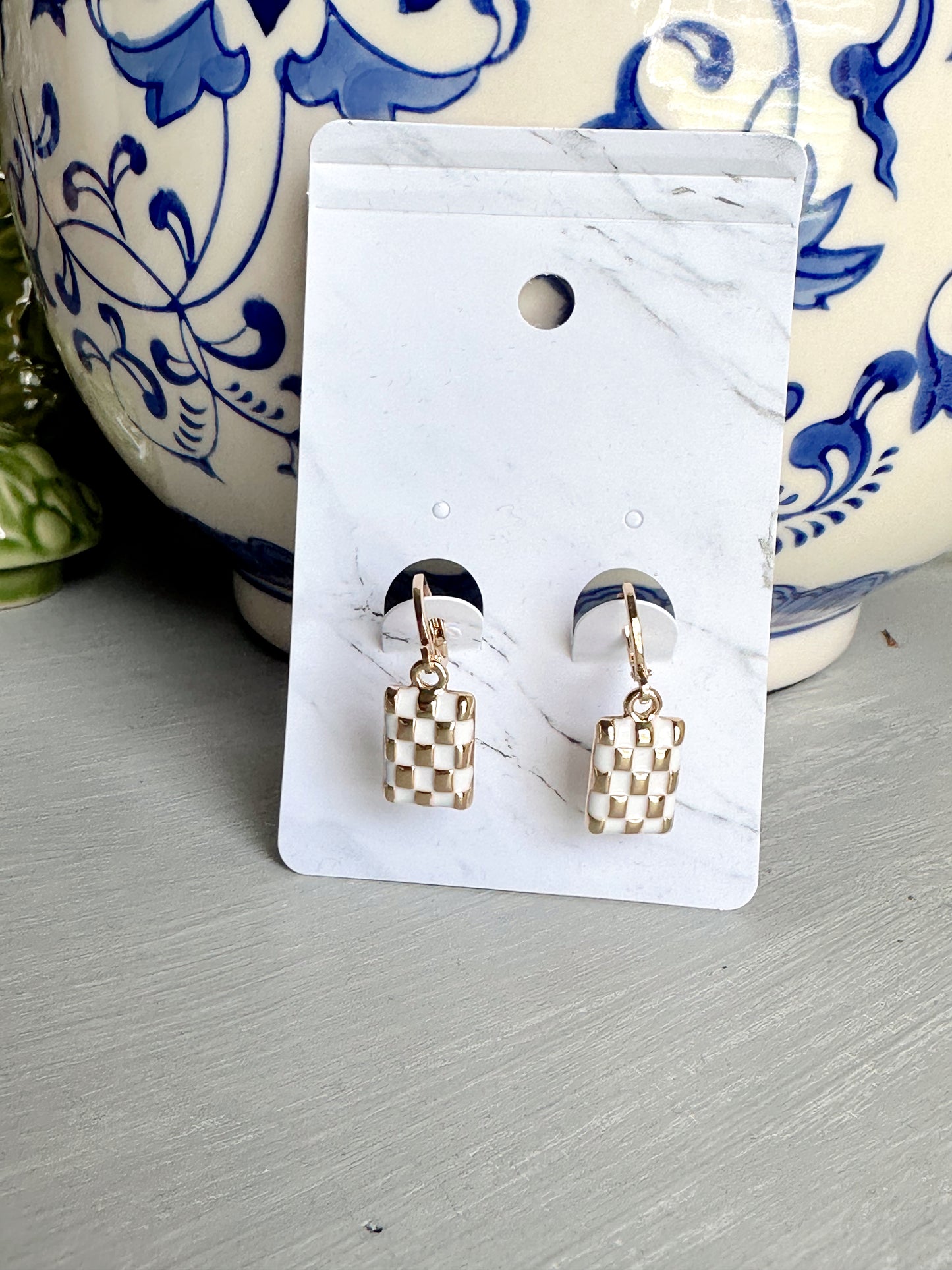 Checker Rectangle Drop Earrings- White