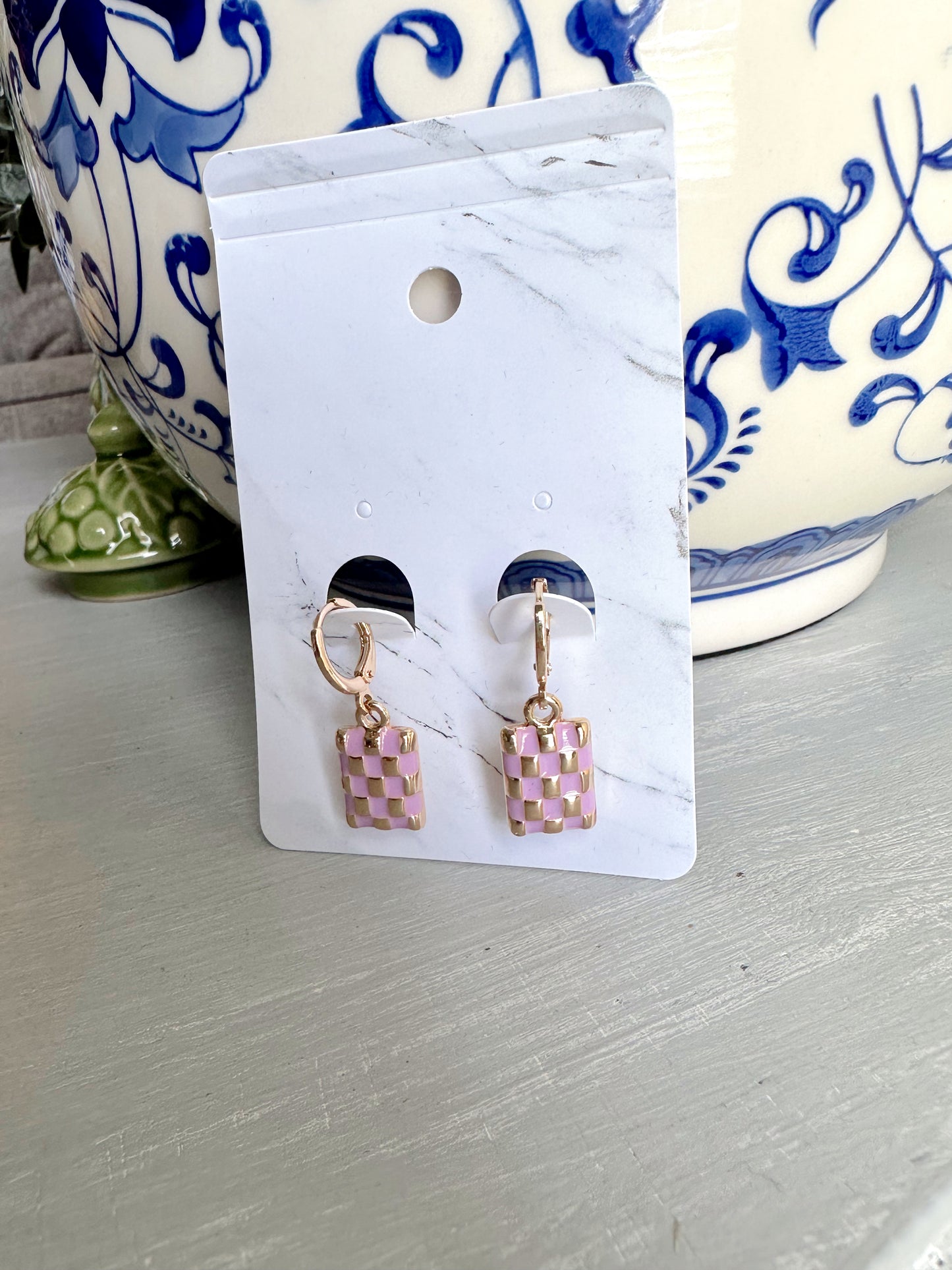 Checker Rectangle Drop Earrings- Lavender