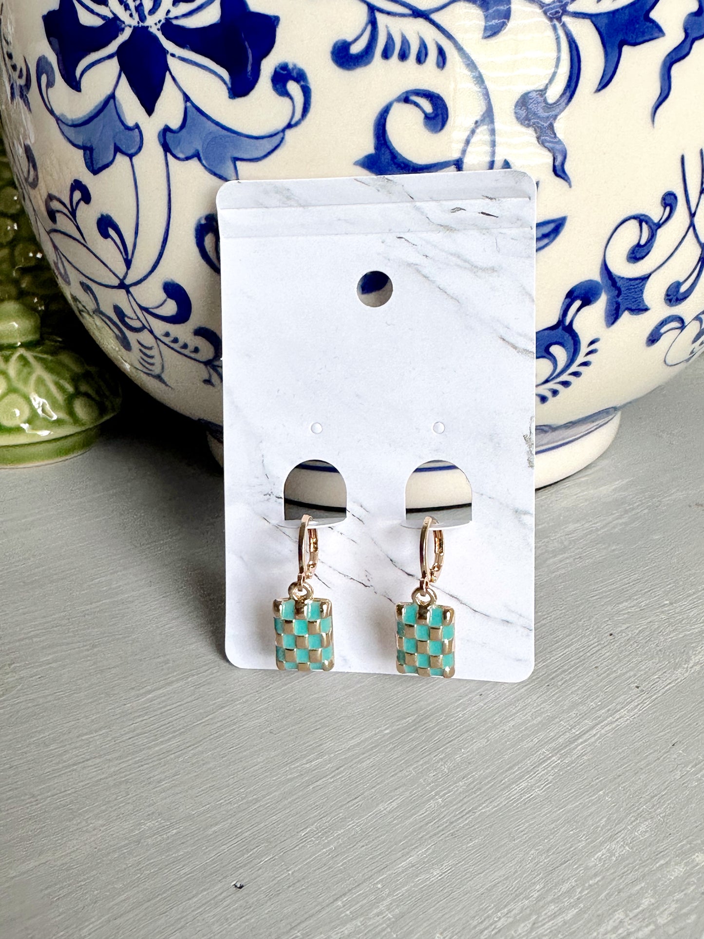 Checker Rectangle Drop Earrings- Turquoise