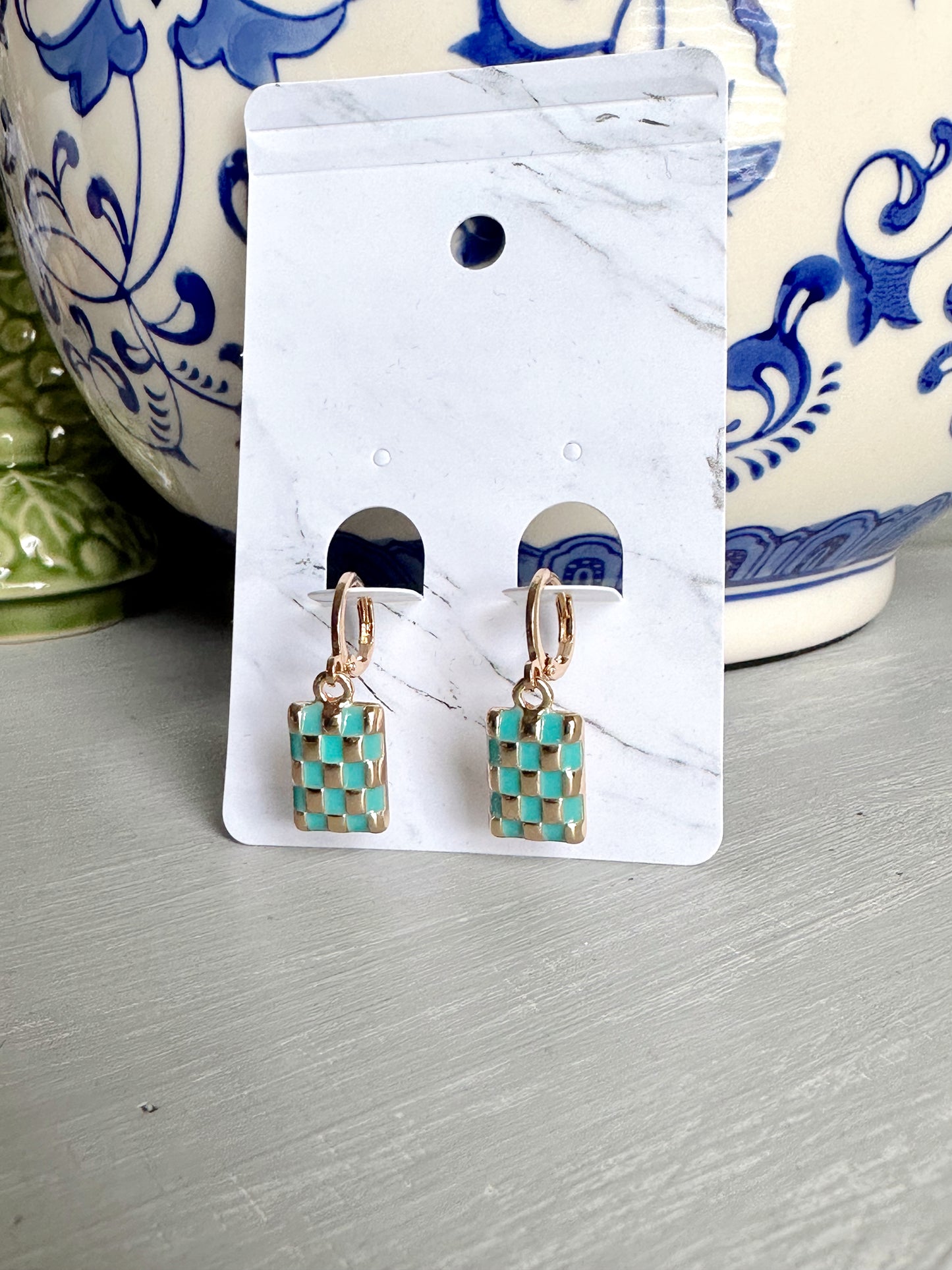 Checker Rectangle Drop Earrings- Turquoise