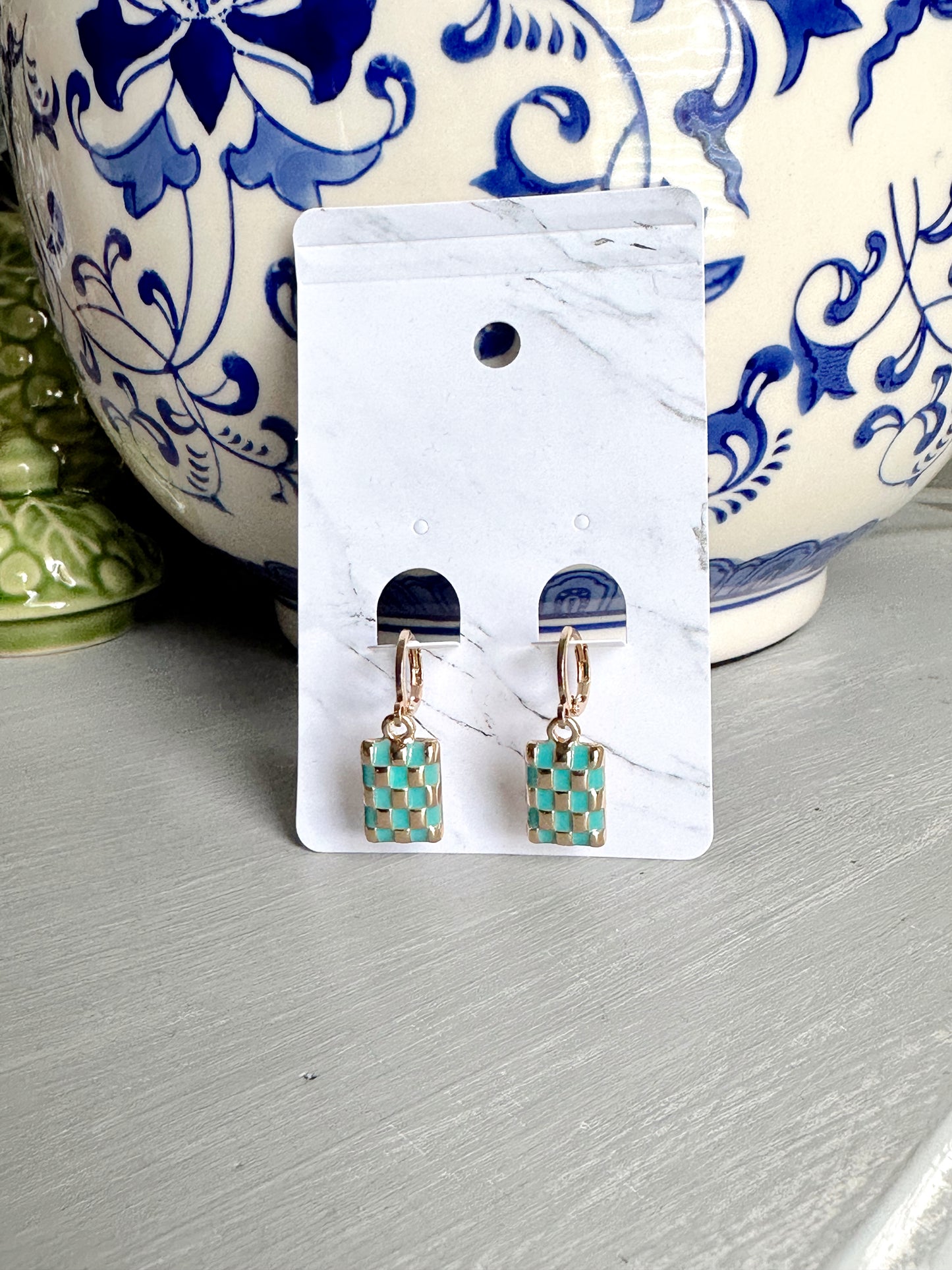 Checker Rectangle Drop Earrings- Turquoise