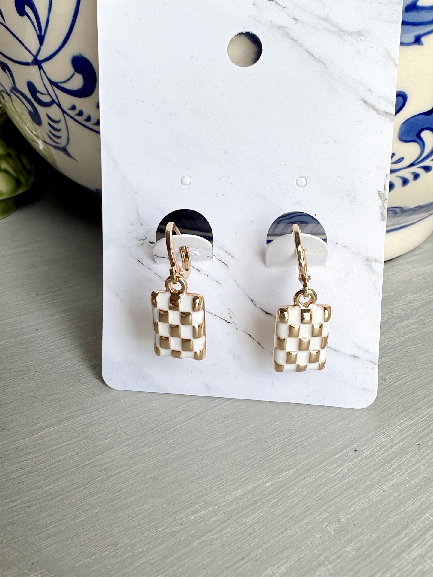 Checker Rectangle Drop Earrings- White