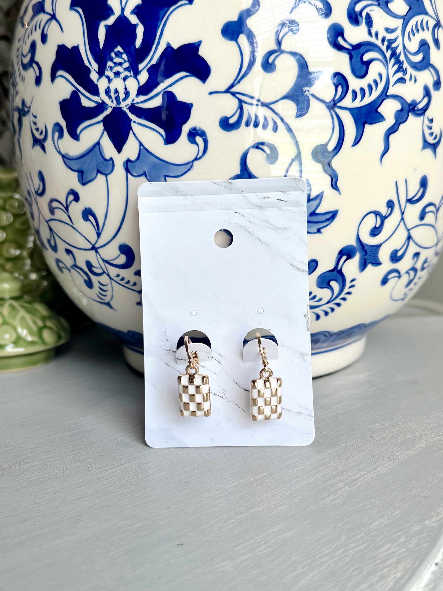 Checker Rectangle Drop Earrings- White