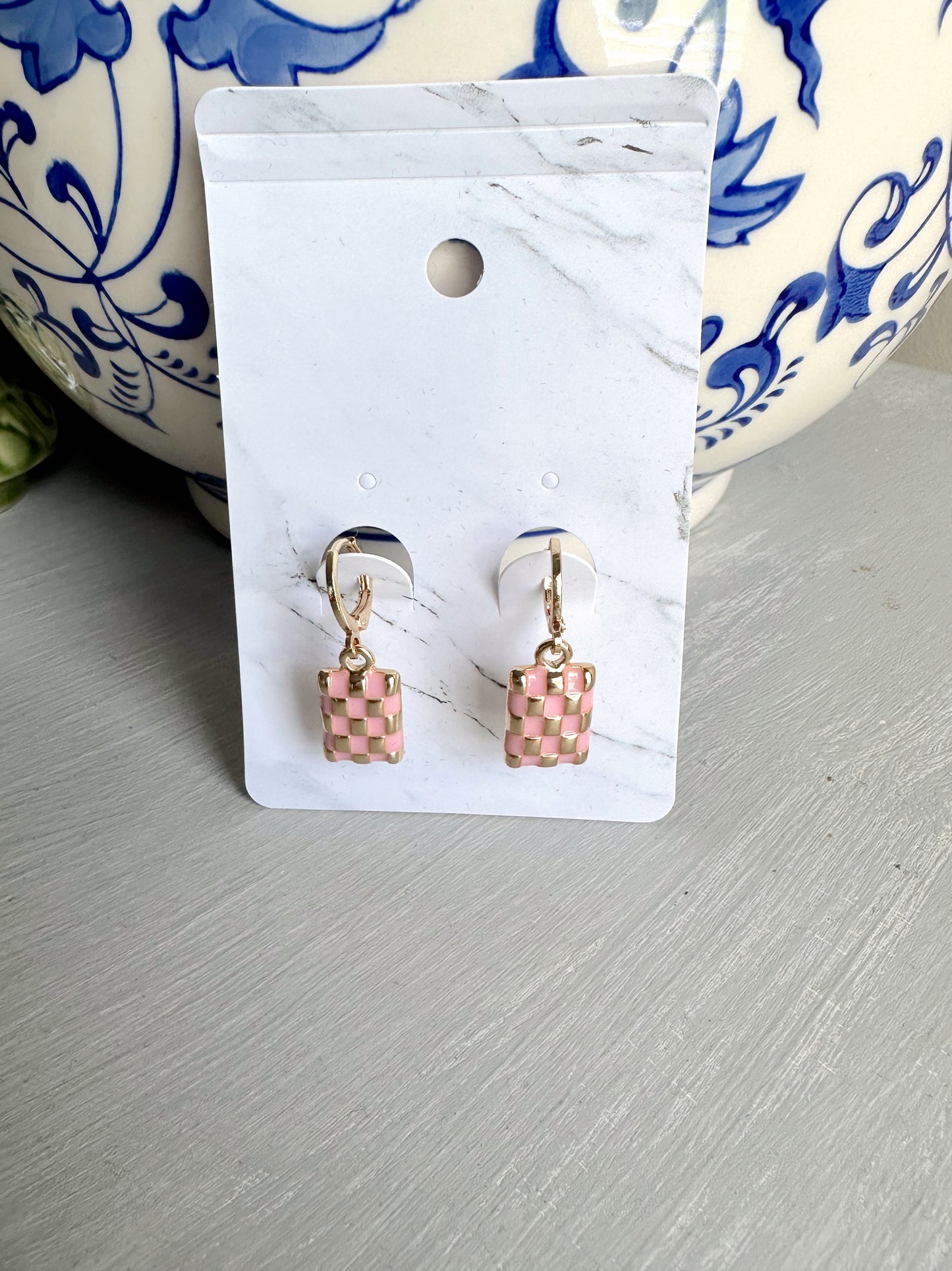 Checker Rectangle Drop Earrings- Pink