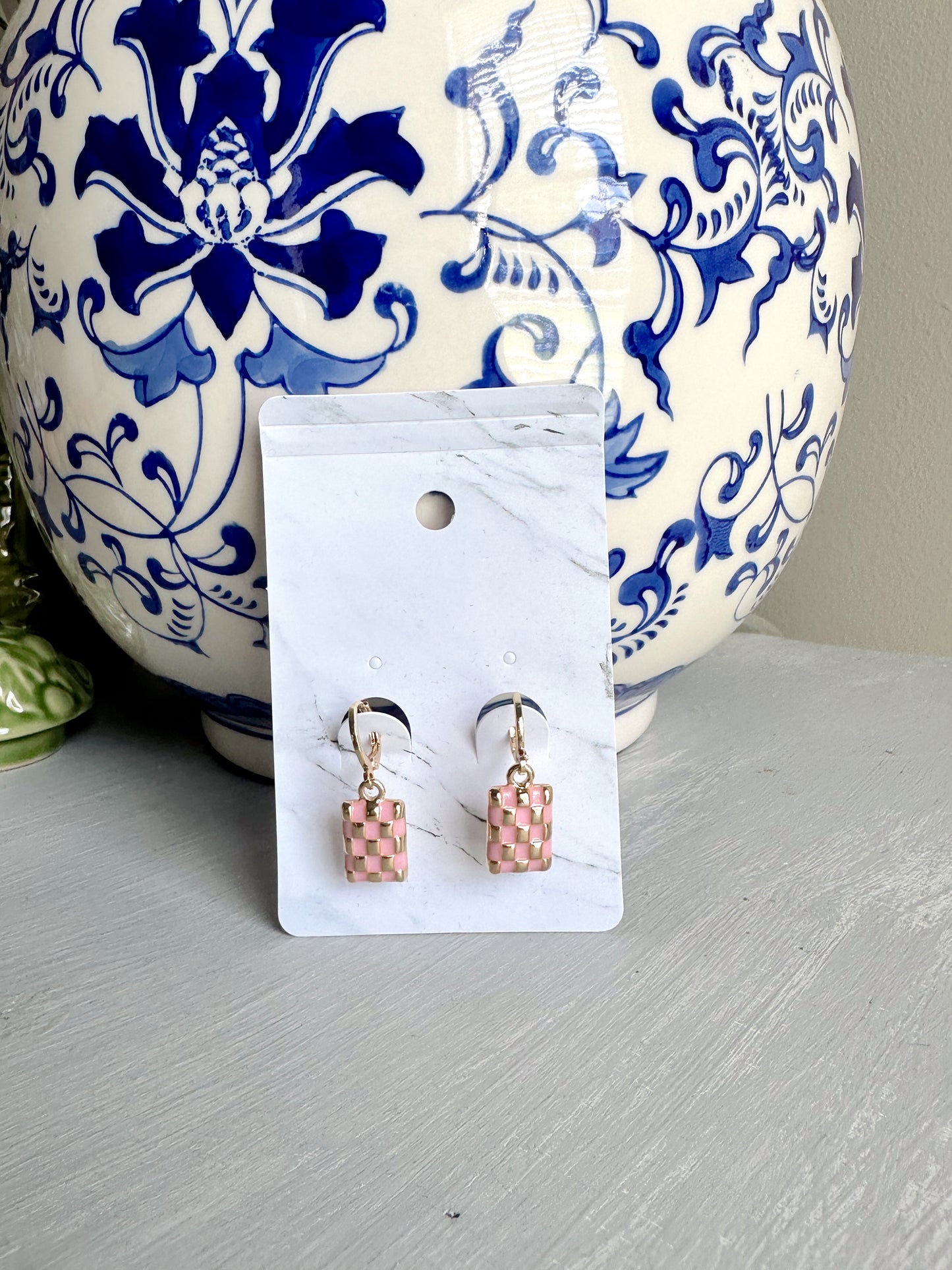 Checker Rectangle Drop Earrings- Pink