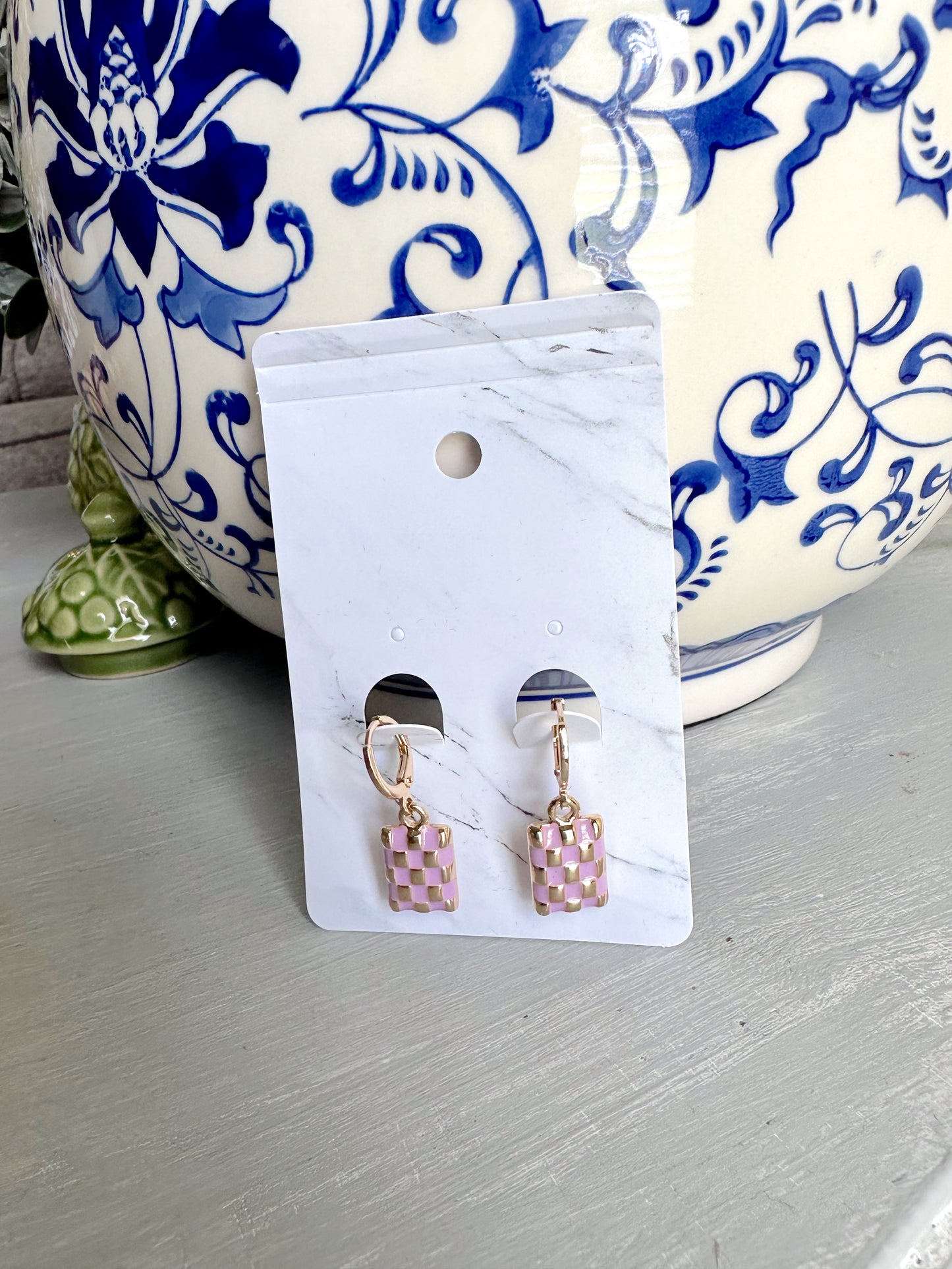 Checker Rectangle Drop Earrings- Lavender