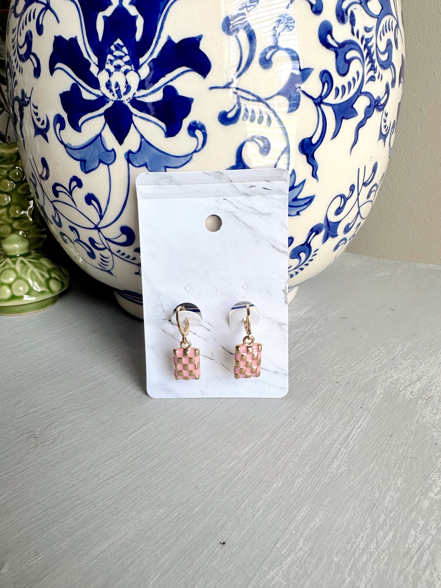 Checker Rectangle Drop Earrings- Pink