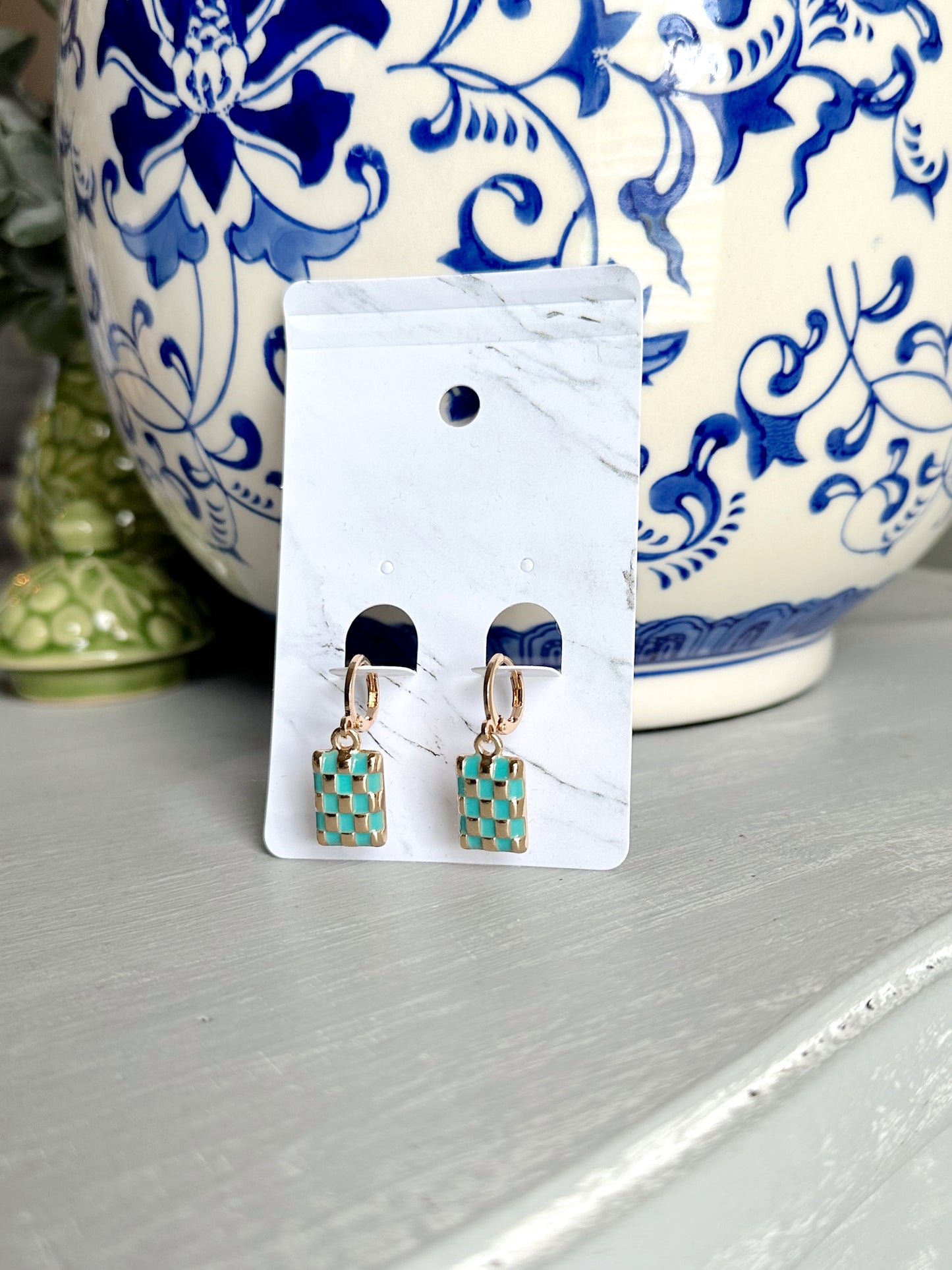 Checker Rectangle Drop Earrings- Turquoise