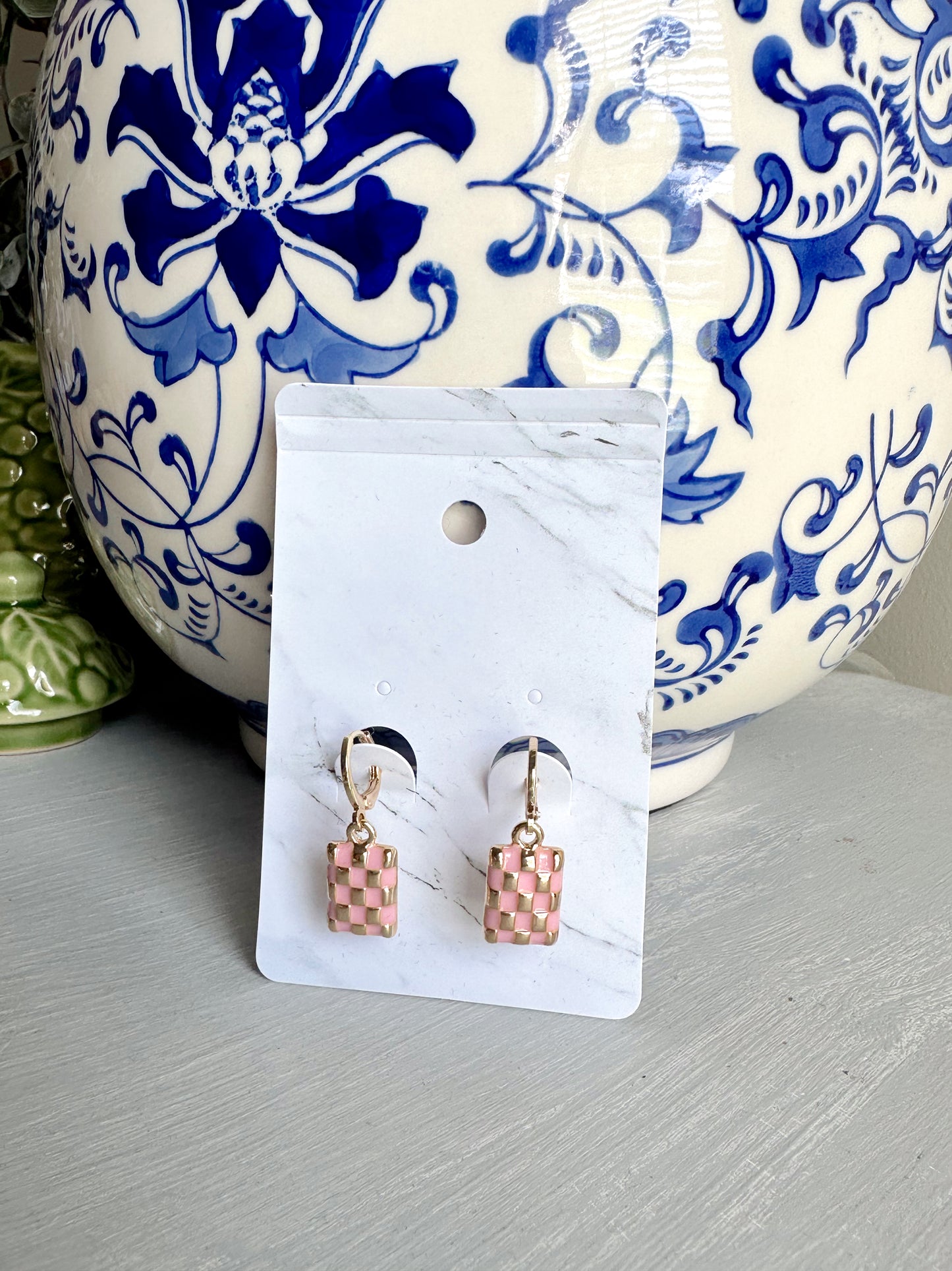 Checker Rectangle Drop Earrings- Pink