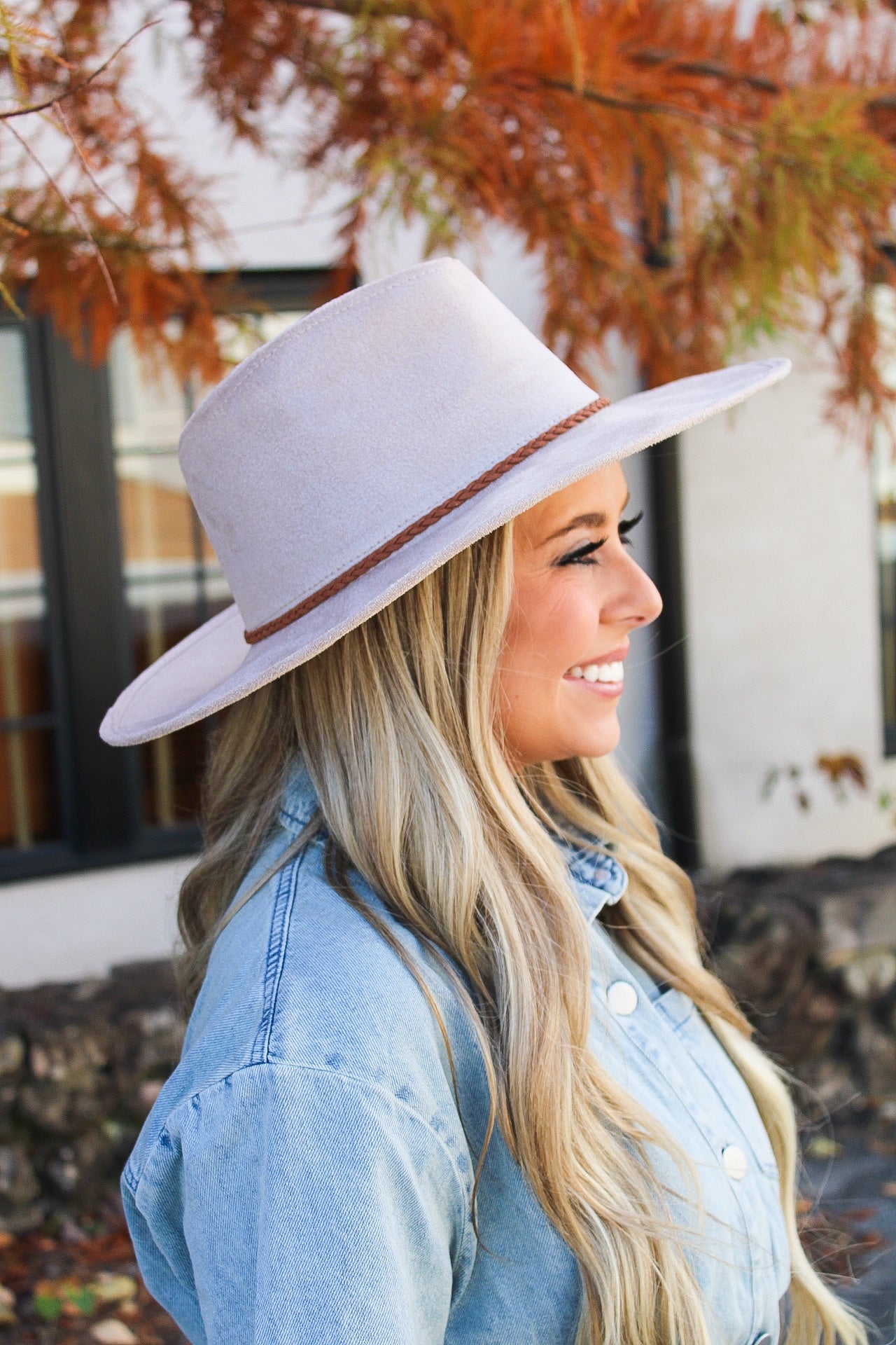 Faux Suede Wide Brim Panama Hat- Sand