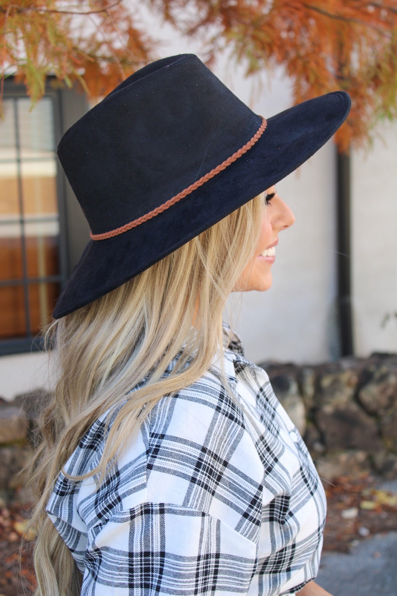 Faux Suede Wide Brim Panama Hat- Black