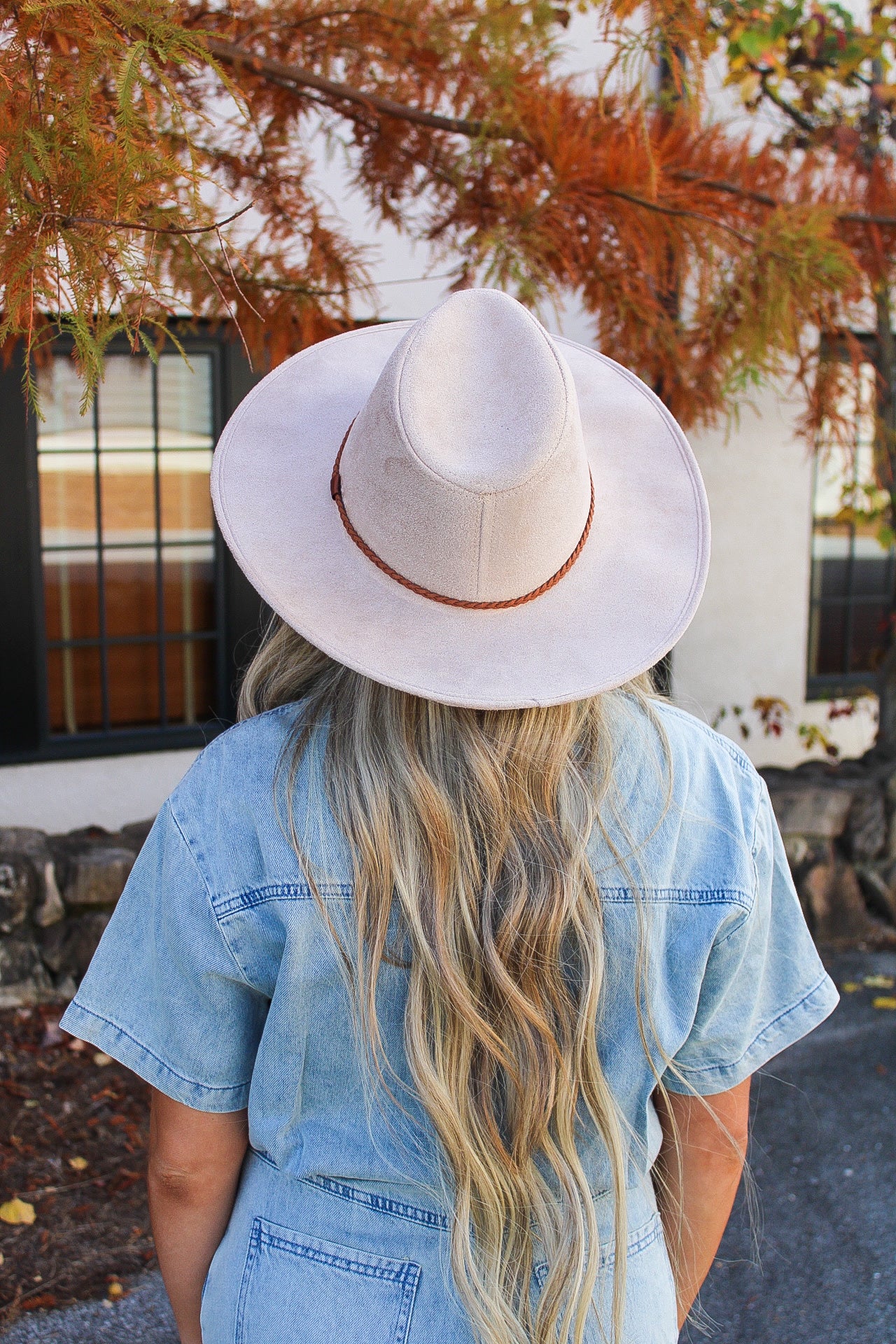 Faux Suede Wide Brim Panama Hat- Sand