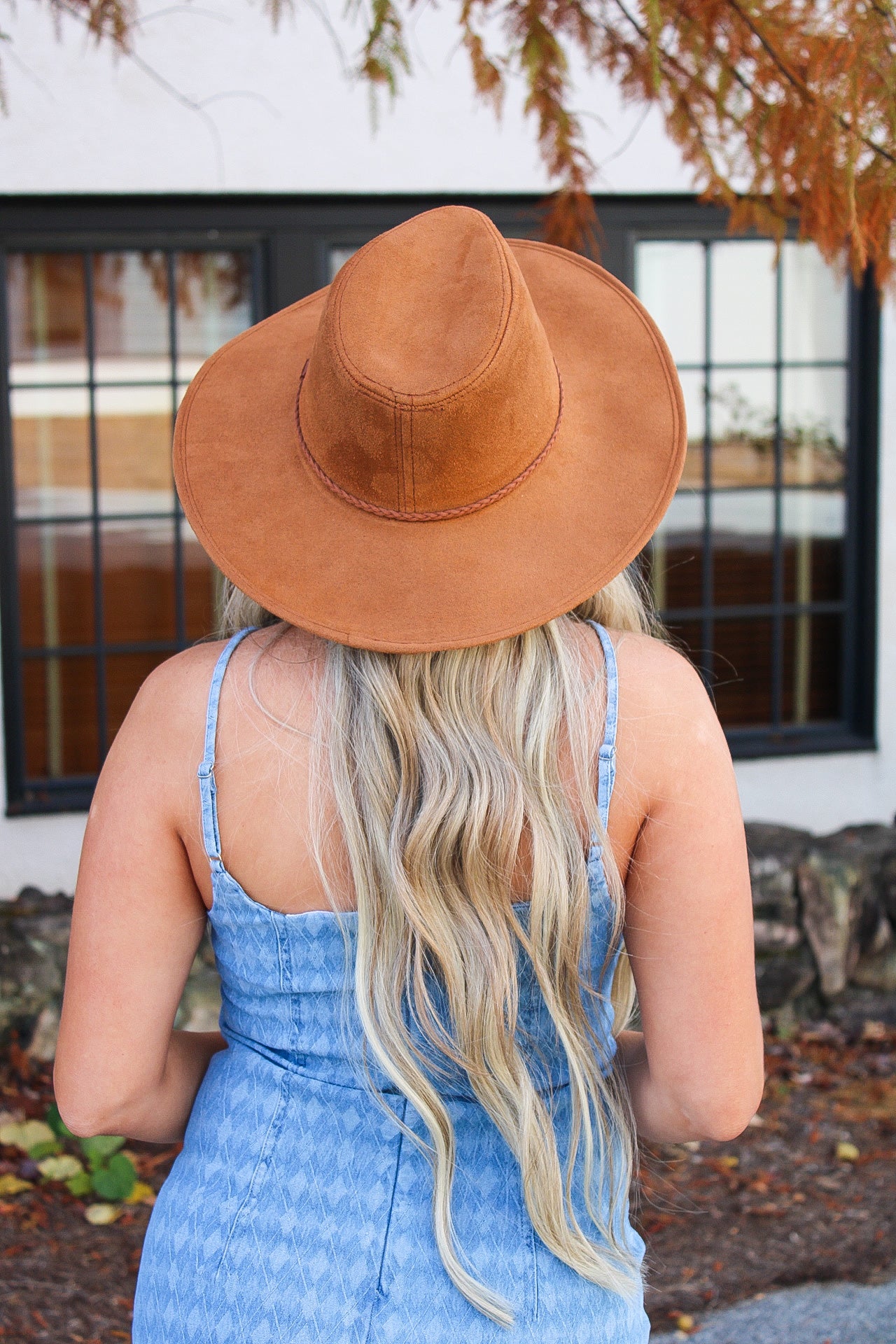 Faux Suede Wide Brim Panama Hat- Brown