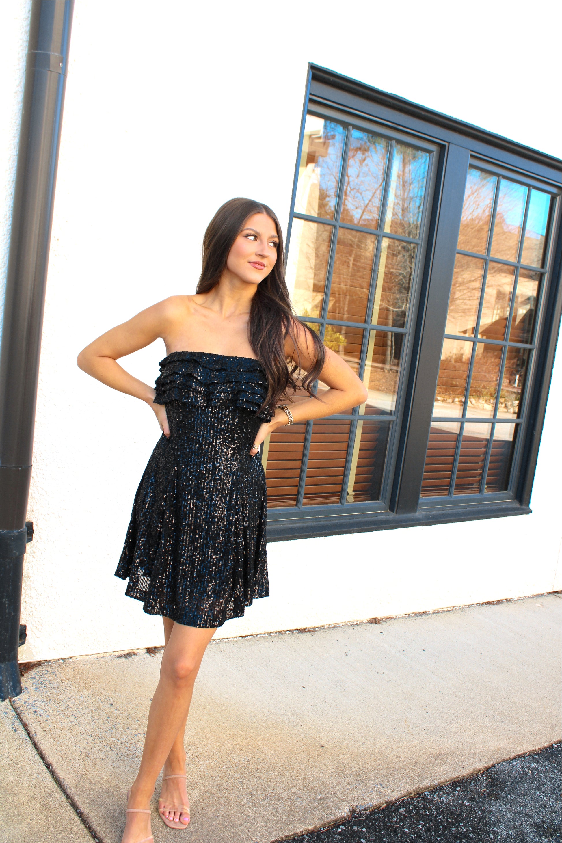 js boutique black dress JS Boutique | Black Short Flutter Sleeve One Shoulder Ruched Blouson Cocktail Dress